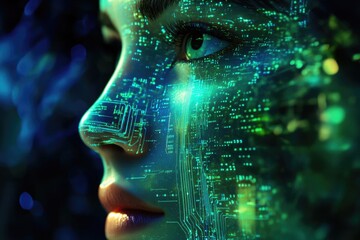 Obraz premium A woman's face merges with a futuristic circuit board, symbolizing technological integration and the digital age.