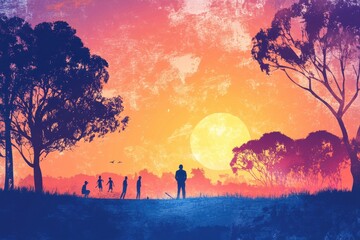 Fototapeta premium People are playing baseball during a beautiful sunset time