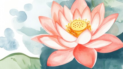 Obraz premium A stunning watercolor illustration of a pink lotus flower surrounded by soft blue and green tones, evoking peace and tranquility.