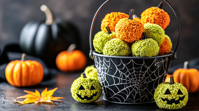 Matcha Candy in Japanese Pumpkin Pail, Halloween-Themed Close-Up.