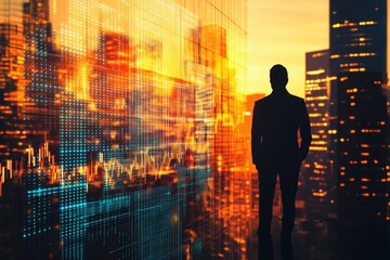 Fototapeta premium A businessman stands silhouetted against a city backdrop, a glowing digital display showing financial data.