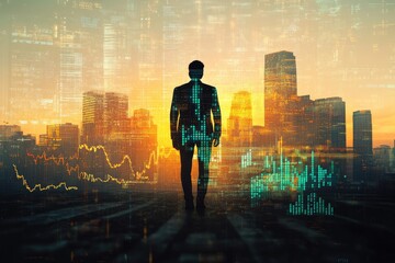 A businessman stands silhouetted against a city skyline at sunset, overlaid with data streams and graphs, symbolizing modern finance and technology.