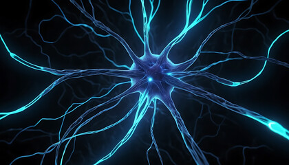 Neuron cell with glowing dendrites on black backdrop for science