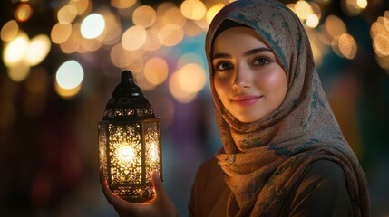 Woman in hijab holds a glowing lantern at night