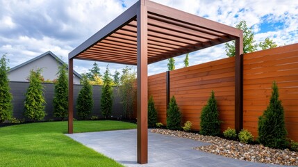 Fototapeta premium Garden Pergola Shade Concept, Elegant Wooden Pergola with Trellis Panels in a Modern Garden Setting