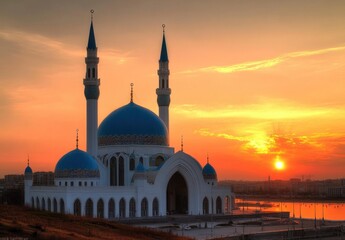 Majestic mosque at sunrise, vibrant sky. (1)