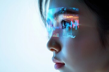 A woman's eye is overlaid with a futuristic digital display showing graphs and data, symbolizing technological advancement and data visualization.