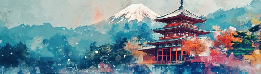 Obraz premium Japanese temple dissolving into brushstroke textures, organic and abstract minimalist illustration