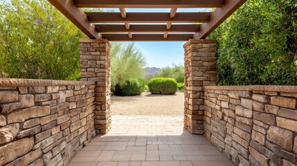 Garden Pergola Shade Concept, Serene Desert Garden with Stone and Wood Pergola Providing Shaded Pathway through Lush Green Vegetation