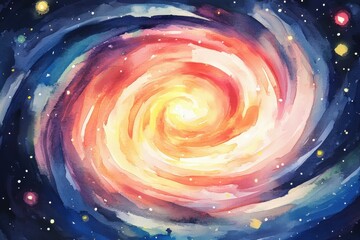 A vibrant watercolor painting of a swirling galaxy showcasing an array of colors set against a deep space backdrop, inviting wonder and imagination.