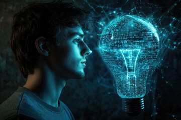 A young man contemplates a glowing lightbulb filled with digital code, symbolizing innovation and technological ideas.