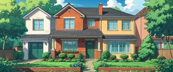 Small garden frontage of cozy suburban townhouse background anime retro cartoon concept illustration