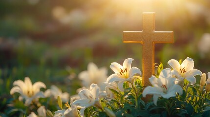 Golden christian cross standing in a field of white lilies at sunset © kardaska