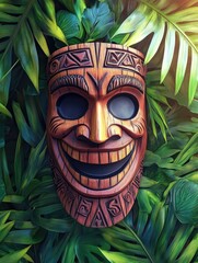 Wooden Mask on Lush Green Plant