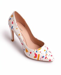 Obraz premium A brand-new peep-toe heel with abstract paint-splatter patterns in vibrant colors, isolated on a white background