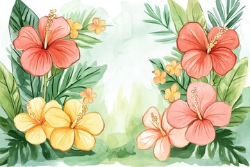 Vibrant watercolor illustration featuring pink and yellow hibiscus flowers surrounded by lush green leaves, ideal for tropical-themed designs.