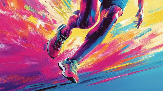 A brightly colored painting of a runner in motion