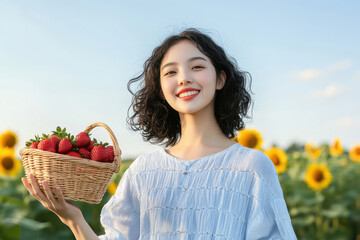 young beautiful woman holding basket of strawberries at field