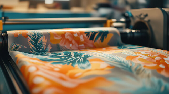 Close-up shot of a sublimation printing machine in action, transferring a vibrant pattern onto fabric