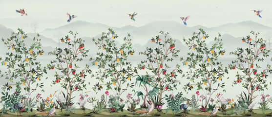 SEABROOK Designs Citrus Grove Nonwoven Unpasted Wall Mural, Wallpaper Design,Watercolor background, Birds. © Sharif