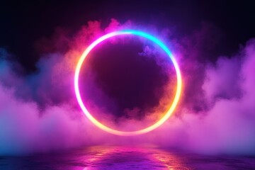 Vibrant neon circle surrounded by mystical smoke on reflective surface
