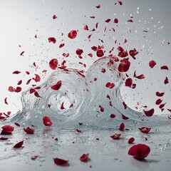 A wave of falling petals frozen in mid-motion against white.