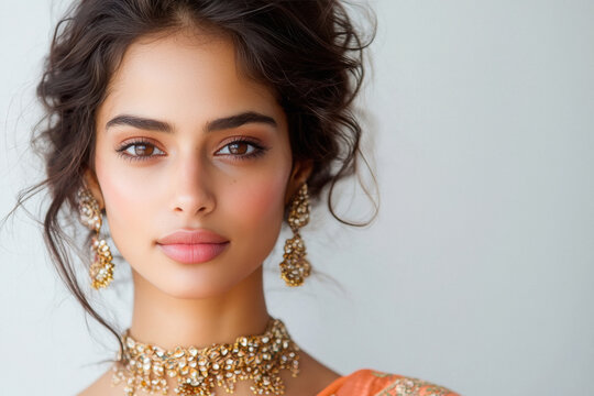 young indian woman wearing traditional sari and jewelery
