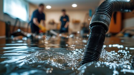 Flooded Basement Cleanup with Water Hose and Professionals Working