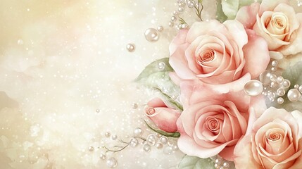 Fototapeta premium Soft Watercolor Roses in Blush and Ivory Tones, Intertwined with Delicate Pearls and a Soft Gradient Background, Perfect for Bridal Invitations, Elegant Stationery, and Luxury Product Packaging.