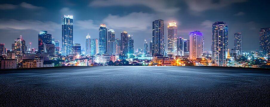 Modern city skyline illuminated at night with a dark surface - Powered by Adobe