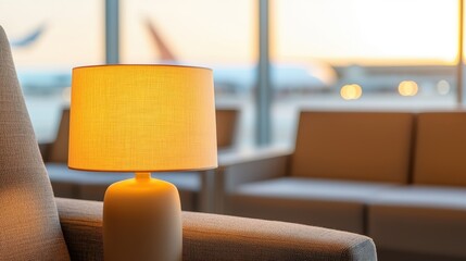 Empty airport lounges at night Concept, Soft Glow from Nearby Lamp Creating a Warm Atmosphere in Modern Lounge Space at Airport Terminal