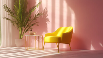 Fototapeta premium 3D rendering of a colorful interior design with a yellow chair and table in front of a pink wall