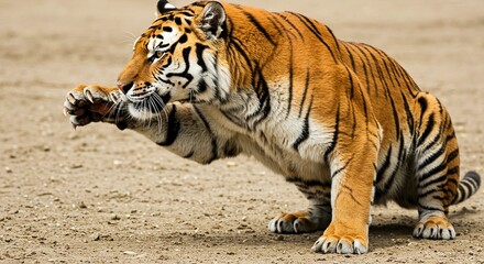 Fototapeta premium Majestic Bengal Tiger Stretching Showing Claws Powerful Wildcat in Sandy Habitat