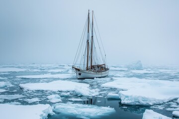 Fototapeta premium A lone sailboat navigates through icy waters, surrounded by floating ice chunks and a misty atmosphere, capturing the essence of remote exploration.