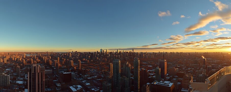 Panoramic cityscape illuminated by the warm glow of the sunrise - Powered by Adobe