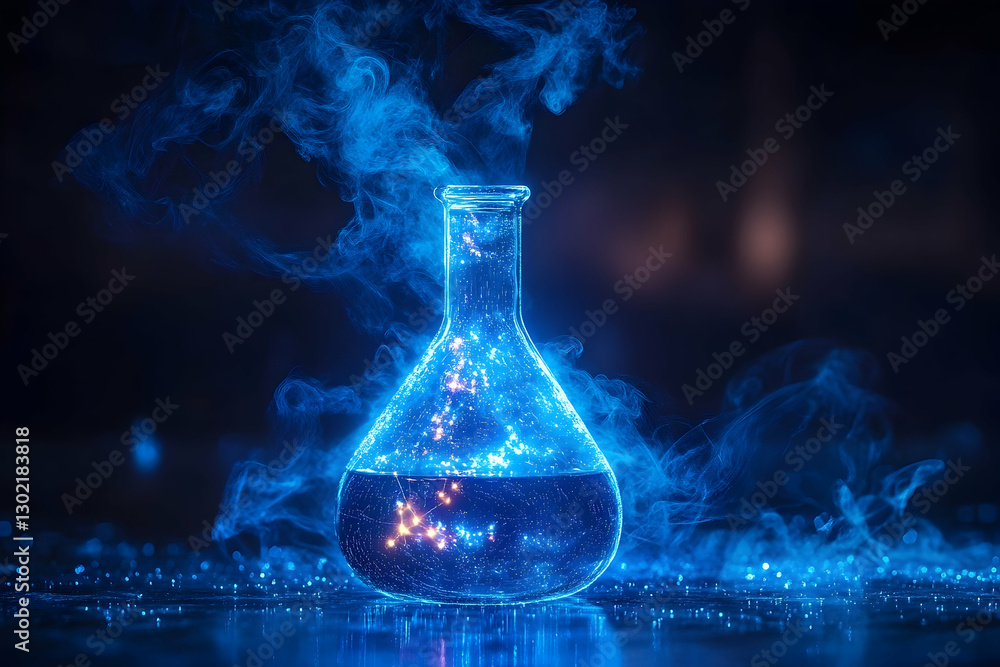 Poster illuminated erlenmeyer flask experiment with glowing chemical reaction