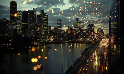 Fototapeta premium Dazzling city nightscape, Illuminated skyscrapers reflect on the river, creating a vibrant urban panorama filled with light
