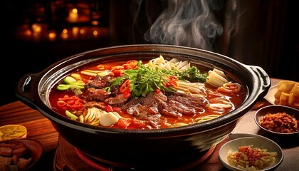bubbling Sichuan hot pot filled with spicy red chili broth