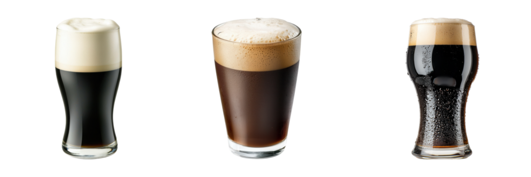 St.Patrick's Day Theme, Three distinct beer glasses showcasing different types of beers against a transparent background.