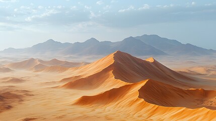 Naklejka premium Vast and serene desert landscape with endless sand dunes and a bright blue sky creating a picturesque natural scene