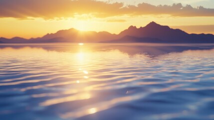 Obraz premium A serene sunset over calm water, reflecting vibrant hues and mountains in the distance, creating a peaceful atmosphere for relaxation and contemplation.