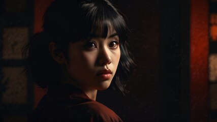 Fototapeta premium 🔥 Mysterious Retro Anime Portrait – Intense 80s/90s Japanese Aesthetic 🎞️ | Dark Chiaroscuro Lighting 🌑 | Dramatic Red, Orange & Black Palette 🎨 | Film Grain Texture ✨ 
