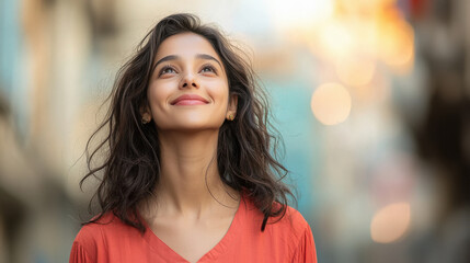 Obraz premium young indian woman looking up and thinking