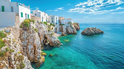 A stunning coastal view featuring white buildings perched on rocky cliffs, vibrant blue water, and a clear sky, ideal for travel enthusiasts and photographers.