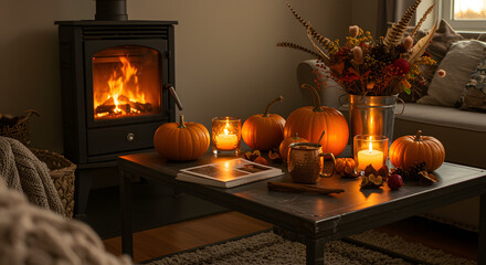 A cozy living room features glowing candles and decorative pumpkins on a table, with a warm fire crackling in the fireplace, creating a peaceful autumn ambiance.