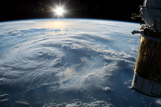 Breathtaking View of Hurricane from Space Station with Sun Glare Over the Earth
