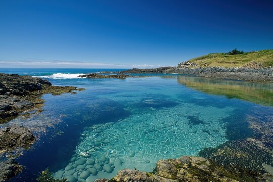 A tranquil coastal landscape featuring crystal-clear waters and rocky shorelines under a bright blue sky. Ideal for nature and travel enthusiasts.
