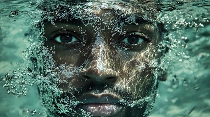 Underwater portrait of a man surrounded by bubbles and light creating a unique and surreal visual experience