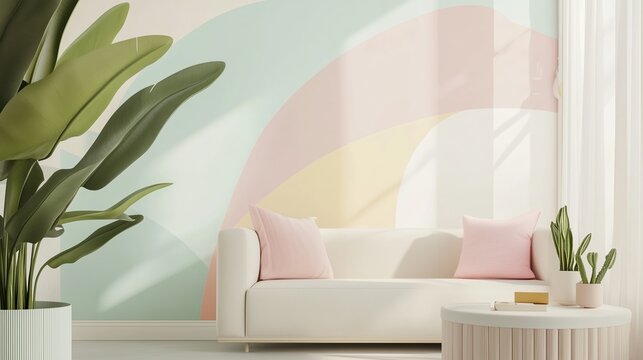 Minimalist pastel wallpaper with smooth curves, subtle geometric elements, and a mint, blush, and yellow palette for a calming, elegant look