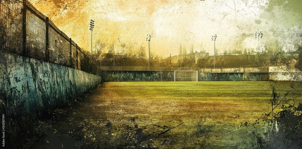 Poster empty soccer field with lights and concrete structure